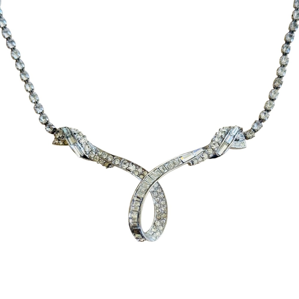 D'Orlan Signed Necklace VTG Crystal Rhinestone‎ Ribbon Silver Baguettes Choker